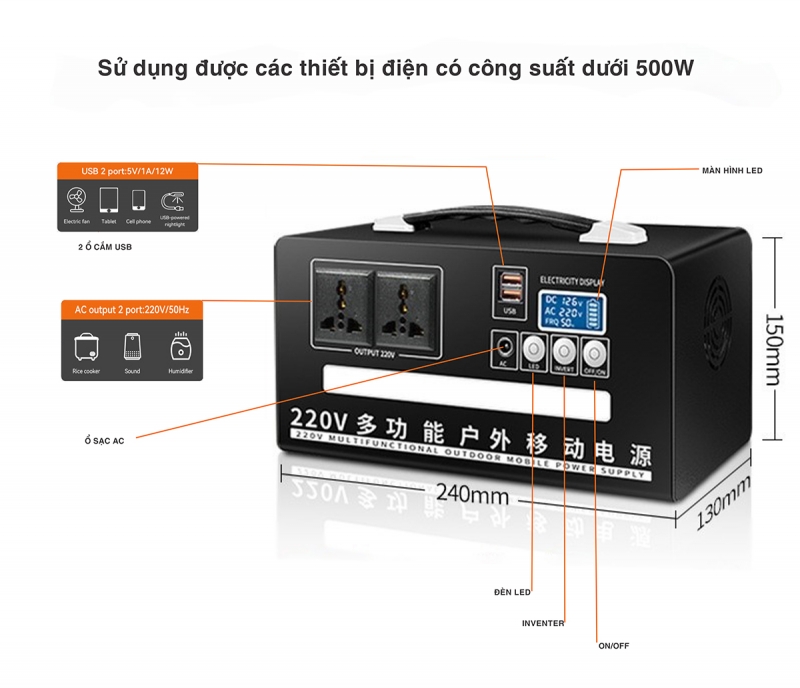 Trạm sạc điện dự phòng 500W tích hợp inveter