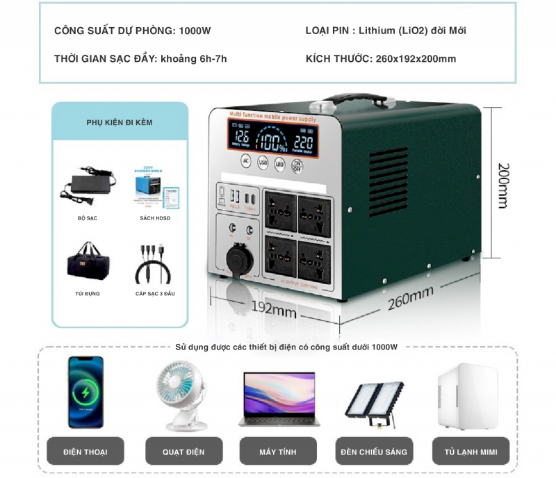 Trạm sạc điện dự phòng 500W tích hợp inveter