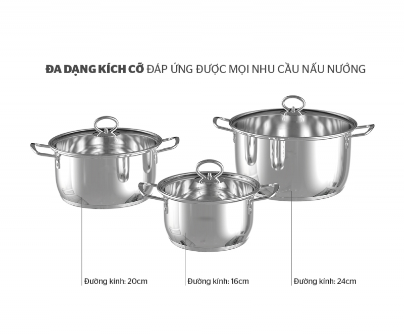 Bộ Nồi Inox Từ 3 Nồi Nắp Kính